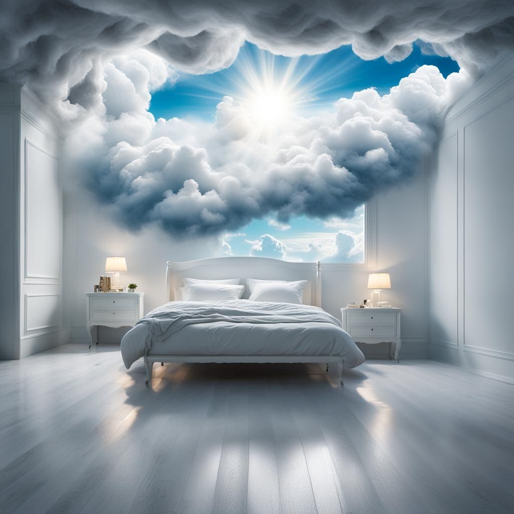 A white bedroom with big bed in the clouds.