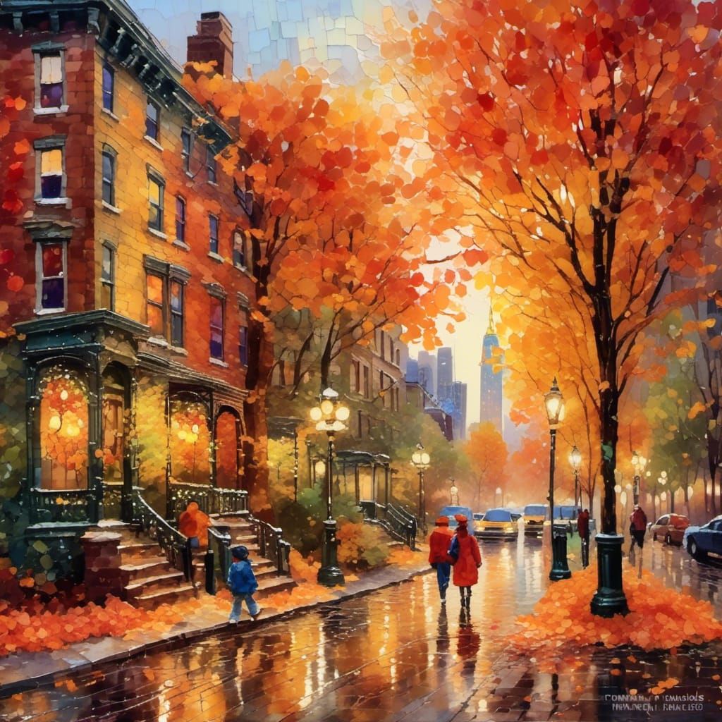 Autumn Street Scene in Impasto Oil Painting Style
