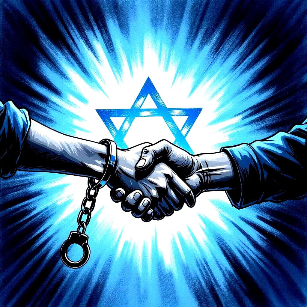 Sweaty Hand in Handcuffs Shakes White Hand with Star of Davi...