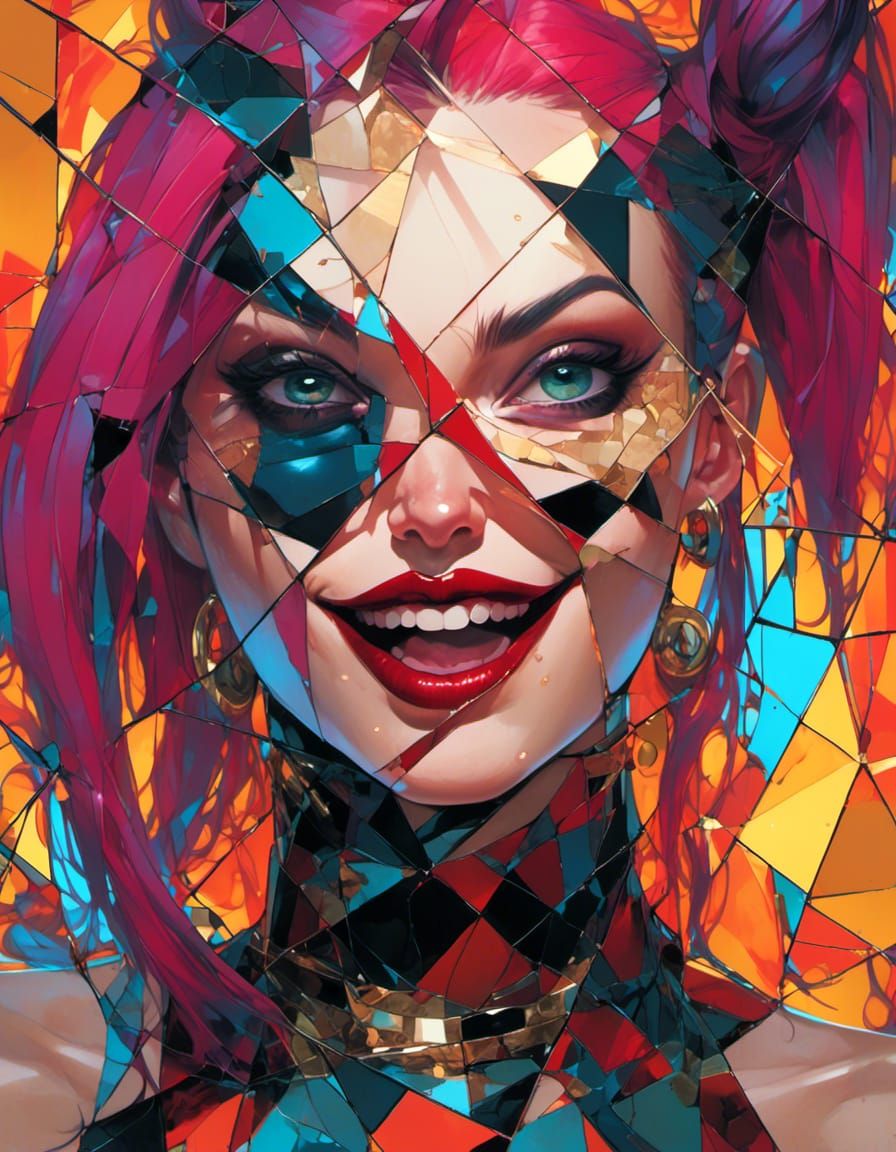 Glass Harley Quinn Portrait with Geometric Details