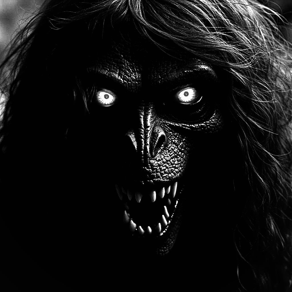 Scary black and white noir style dark fantasy horror art creation of a half man half T. rex hybrid creature evilly looki...