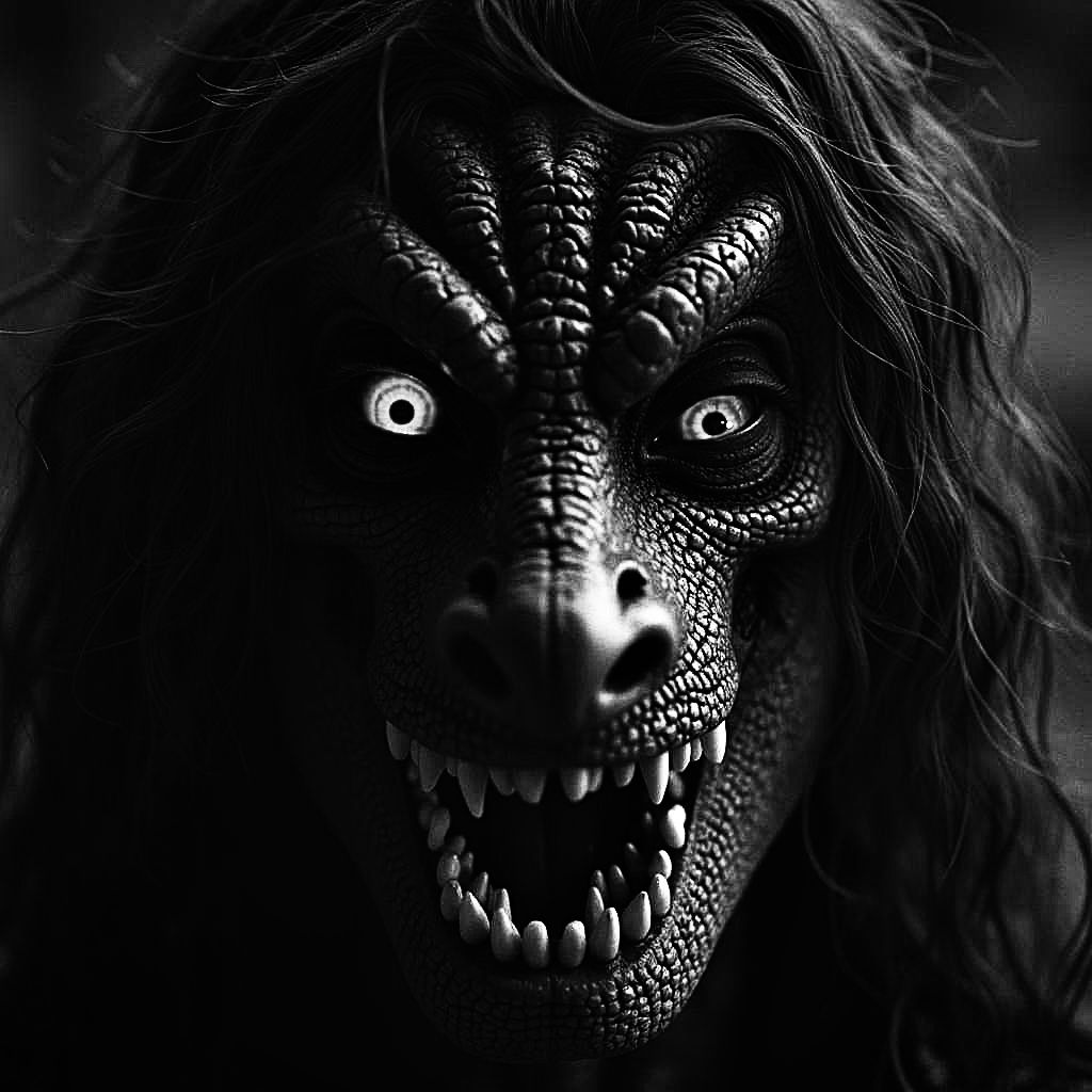 Scary black and white noir style dark fantasy horror art creation of a half man half T. rex hybrid creature looking at t...