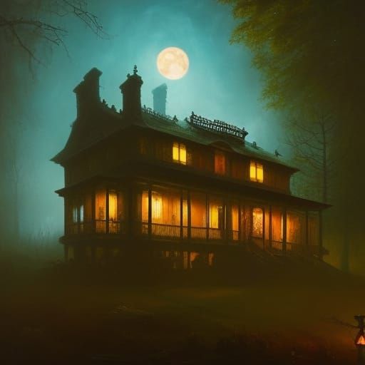Ghost in a Haunted house under the full moon;

triadic color...