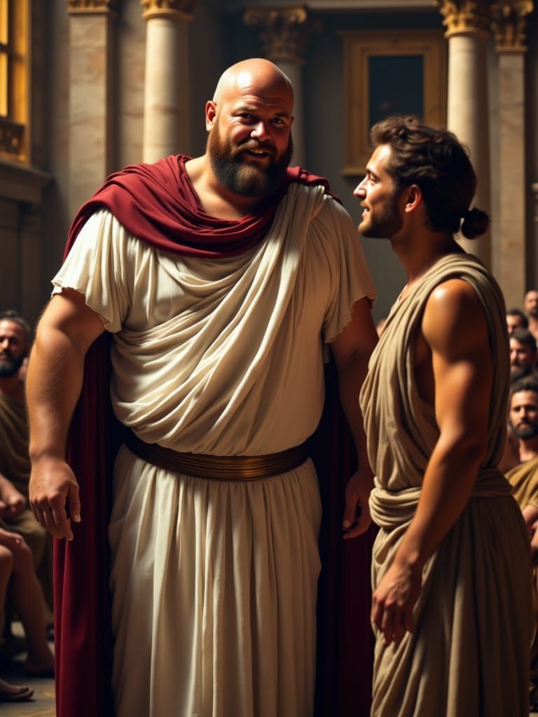 A portly, bald magistrate <lora:SPQR male:1.0> with a scathing, malevolent glare, resplendent in a crisp, snowy white toga, expertly draped ...