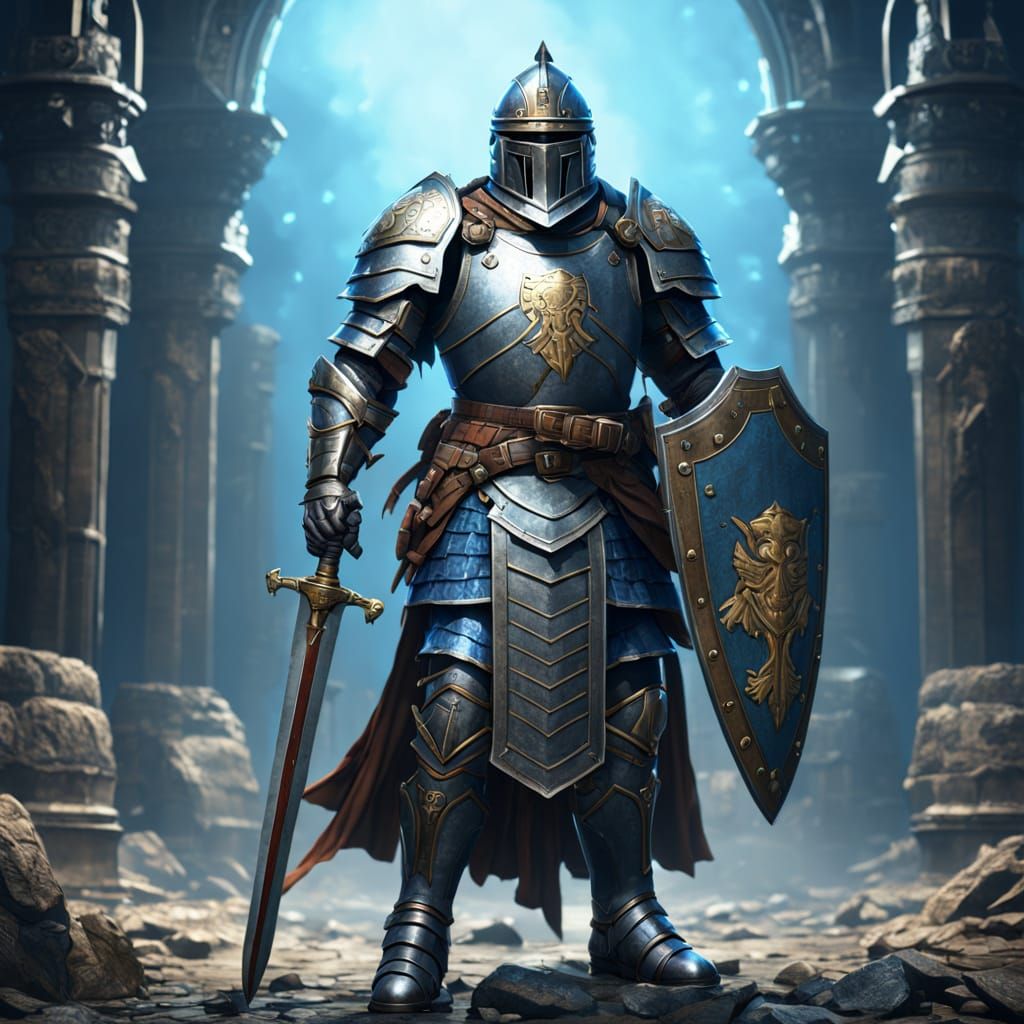 Armour with helmet, belt, breast plate, shield, sword, a sign "Armour of God" background is blue