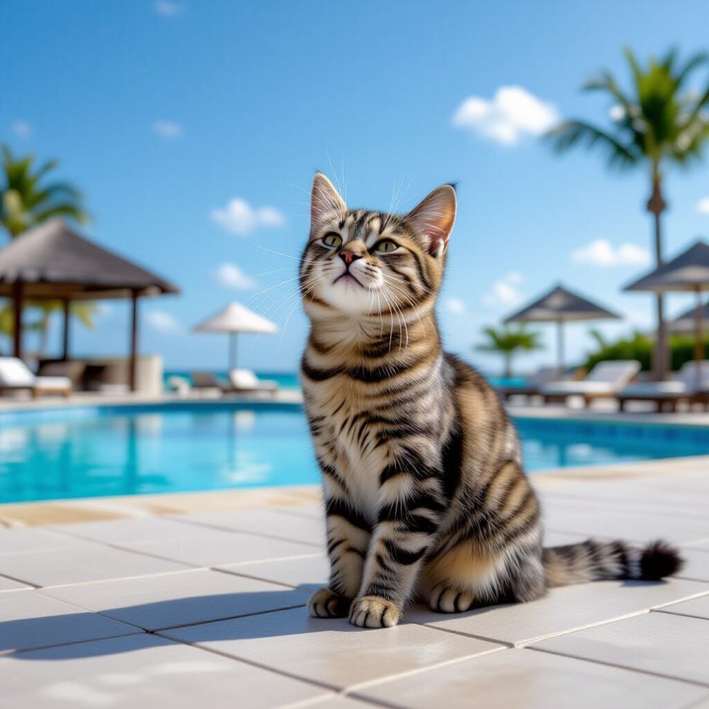 Cute Cat Joyfully Playing in a Pool