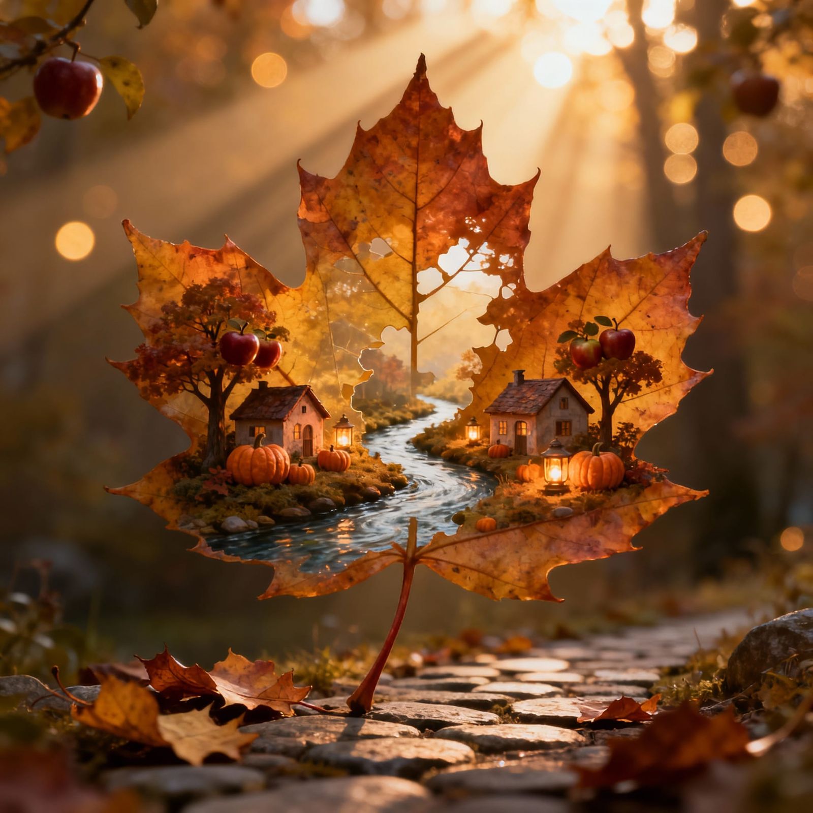 Surreal Autumn Diorama Within a Giant Maple Leaf