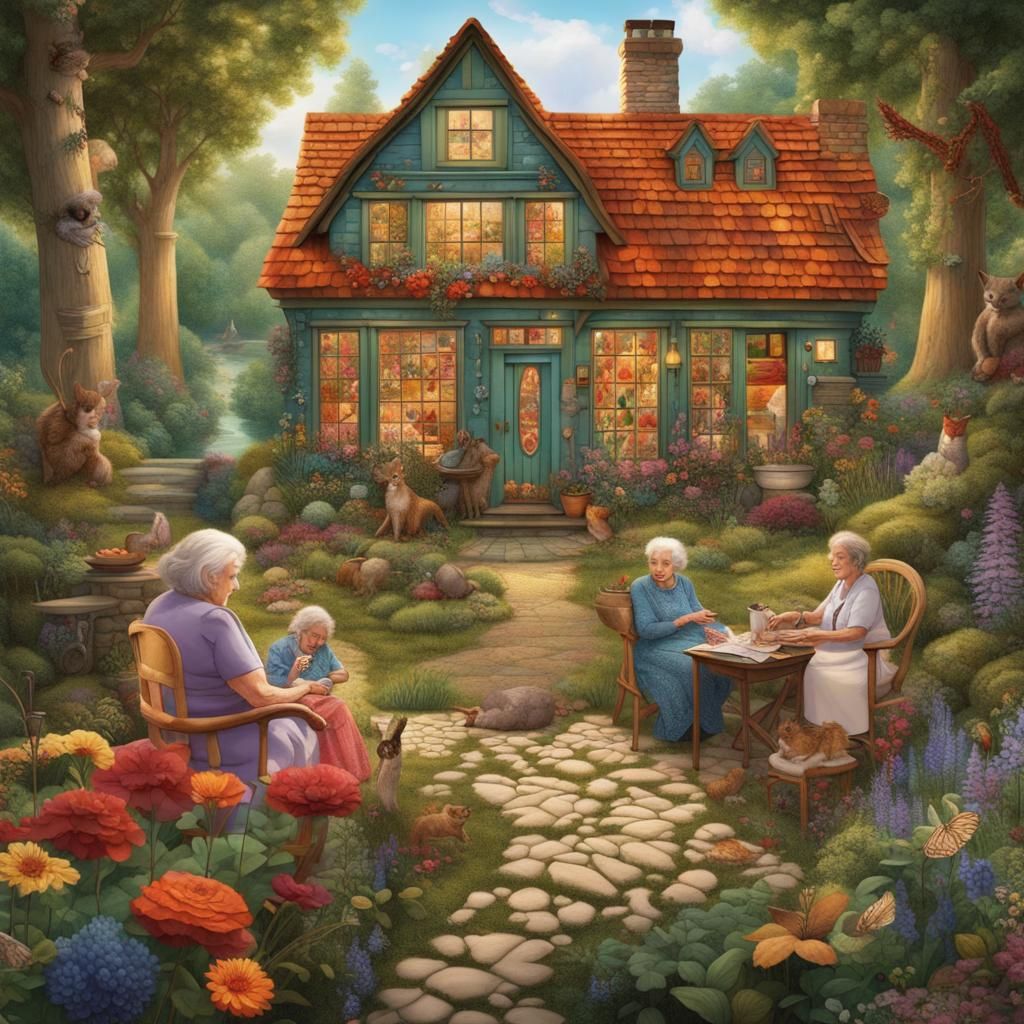 a diverse group of elderly women, in a picturesque, sunlit cottage ...