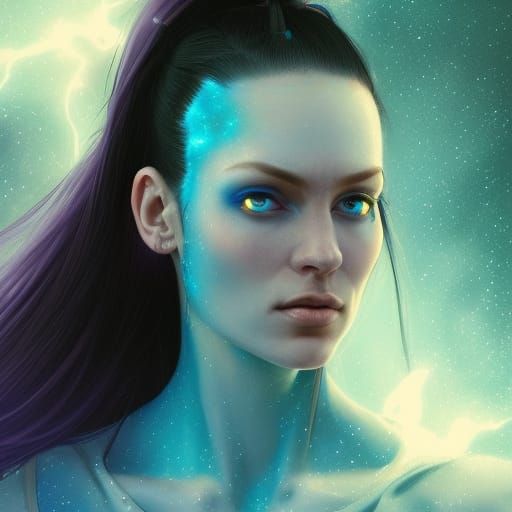 She has long dark purple hair pulled back into a ponytail, h...