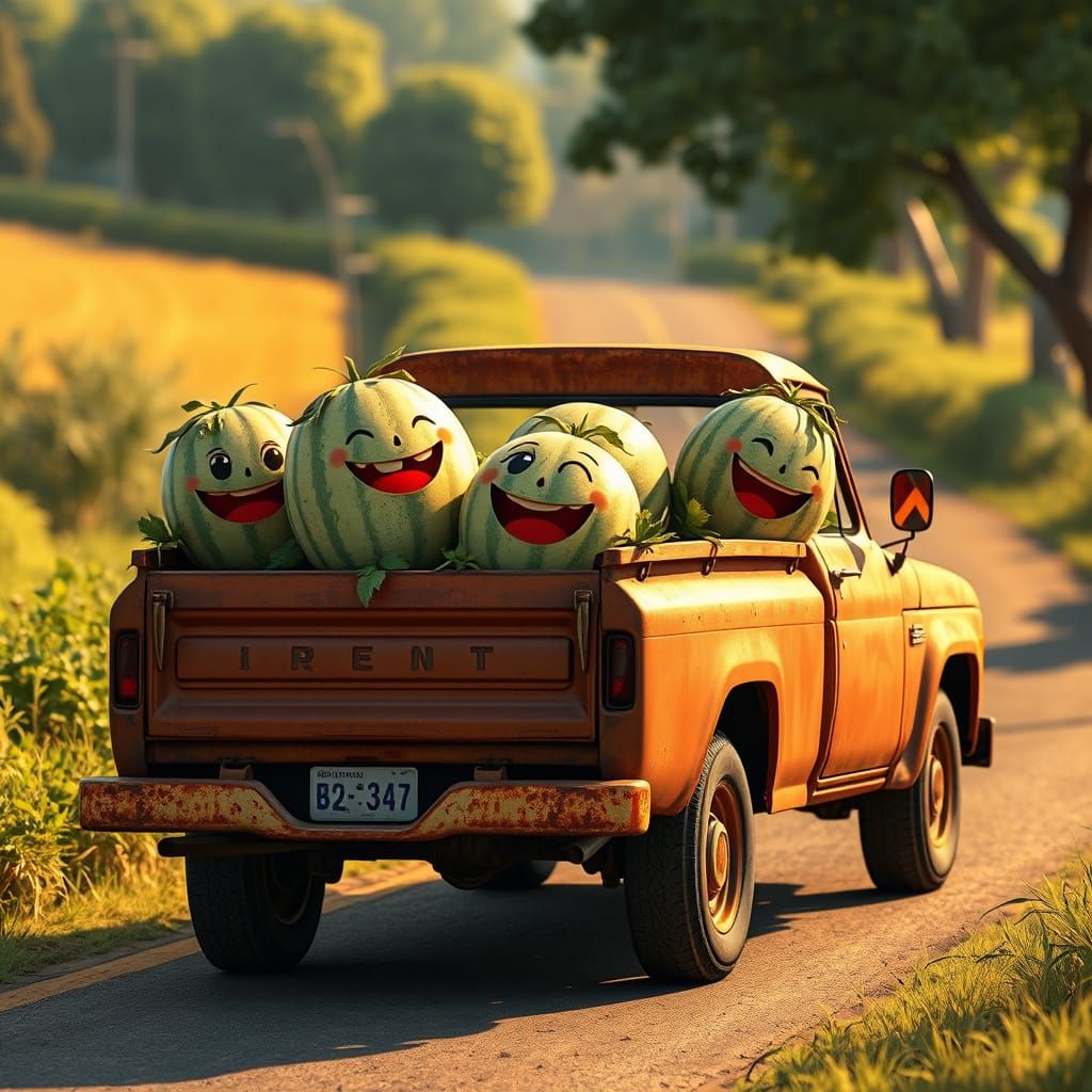 faces on the  watermelons  riding on the back of a pickup truck detailed funny Studio Ghibli, Anime Key ...  by @jimmyoutside