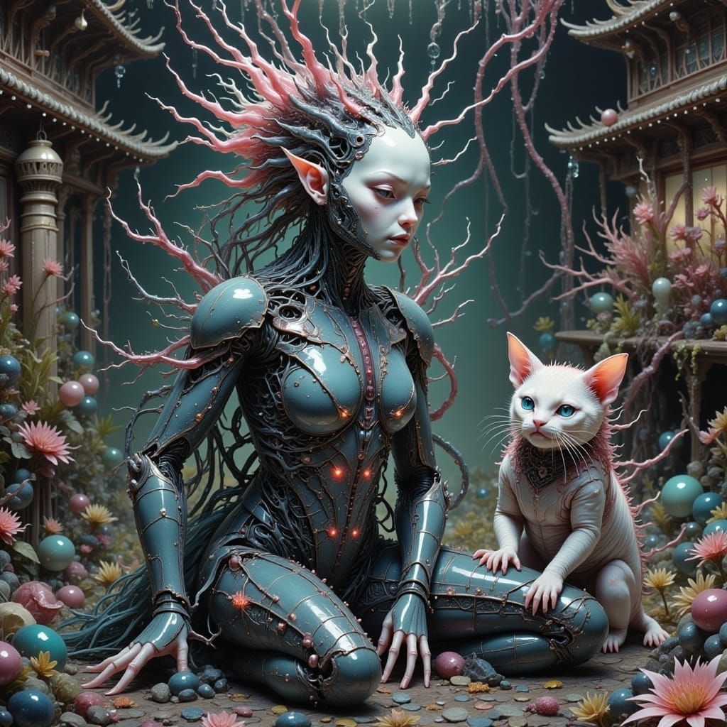 Beautiful machine cyborg Asian android geisha with a siamese cat by Luis Royo and Junji Ito and Kentaro Miura and Beksinski and Giger <lora:...