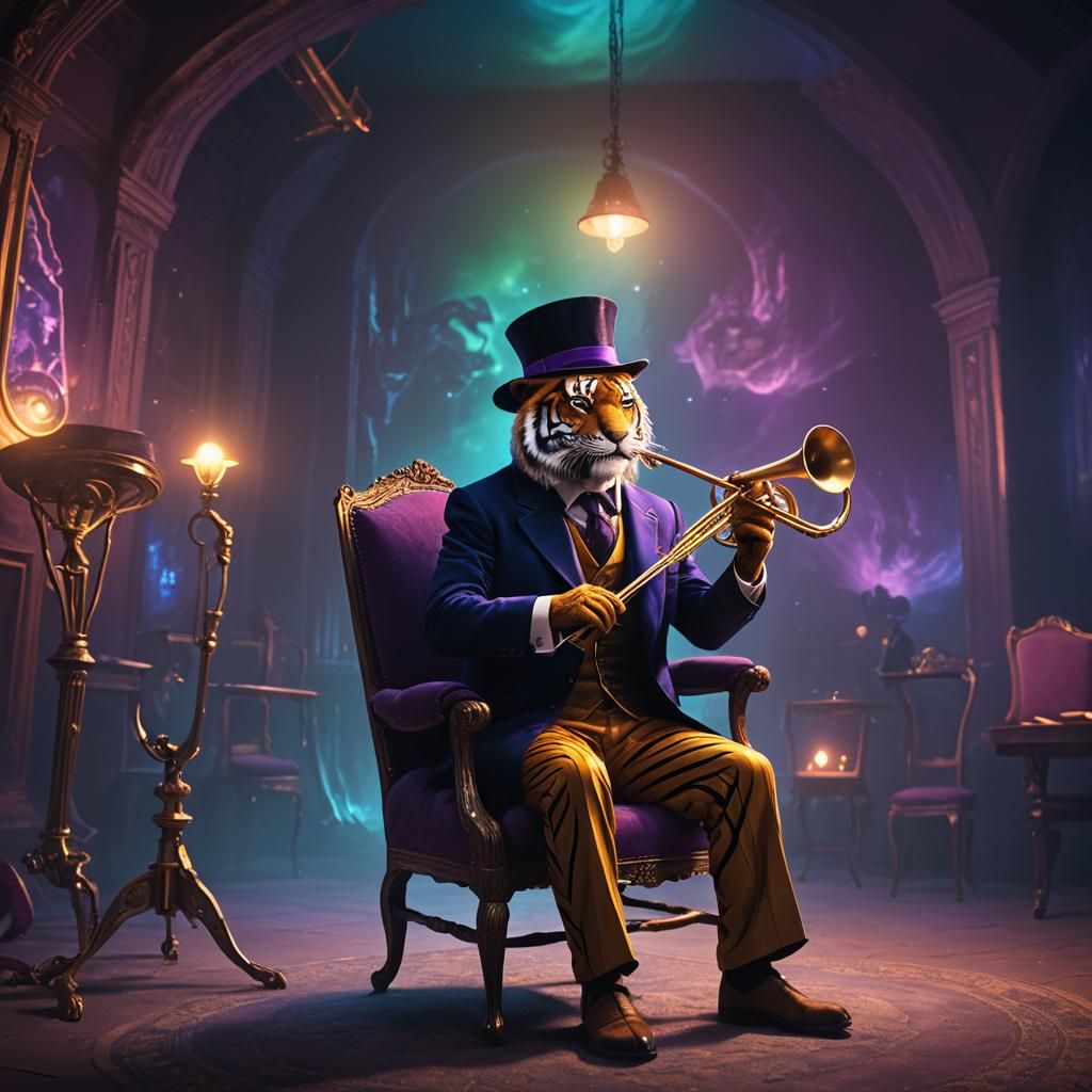 Tiger Trombonist in Dark Fantasy, Moebius Style