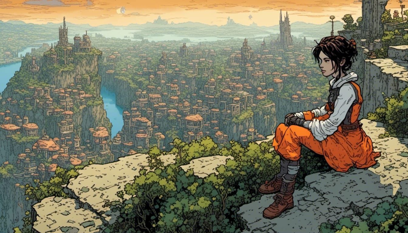 A woman sits on a cliff overlooking an ancient ruined city.