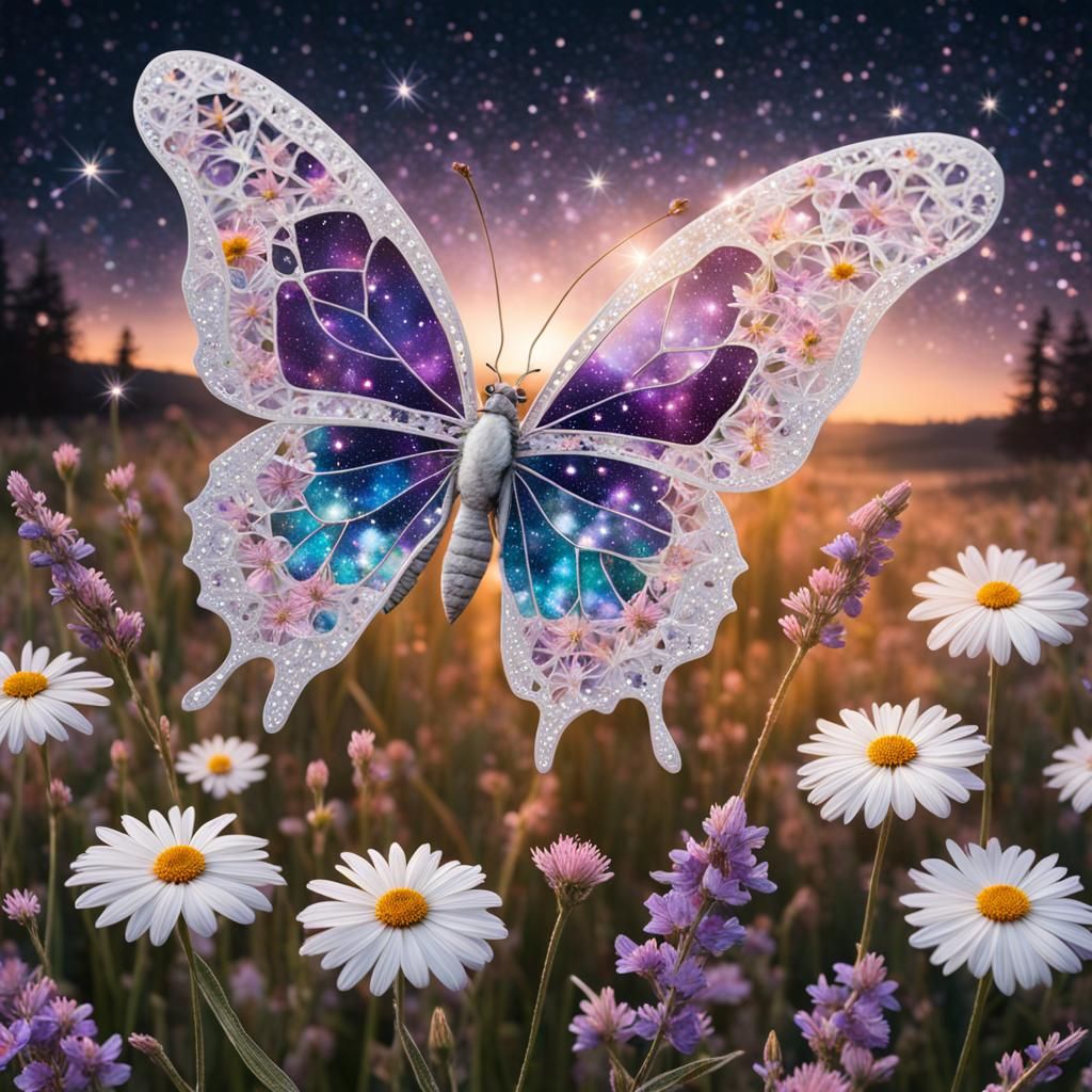 A large butterfly made out  of colorful crystals