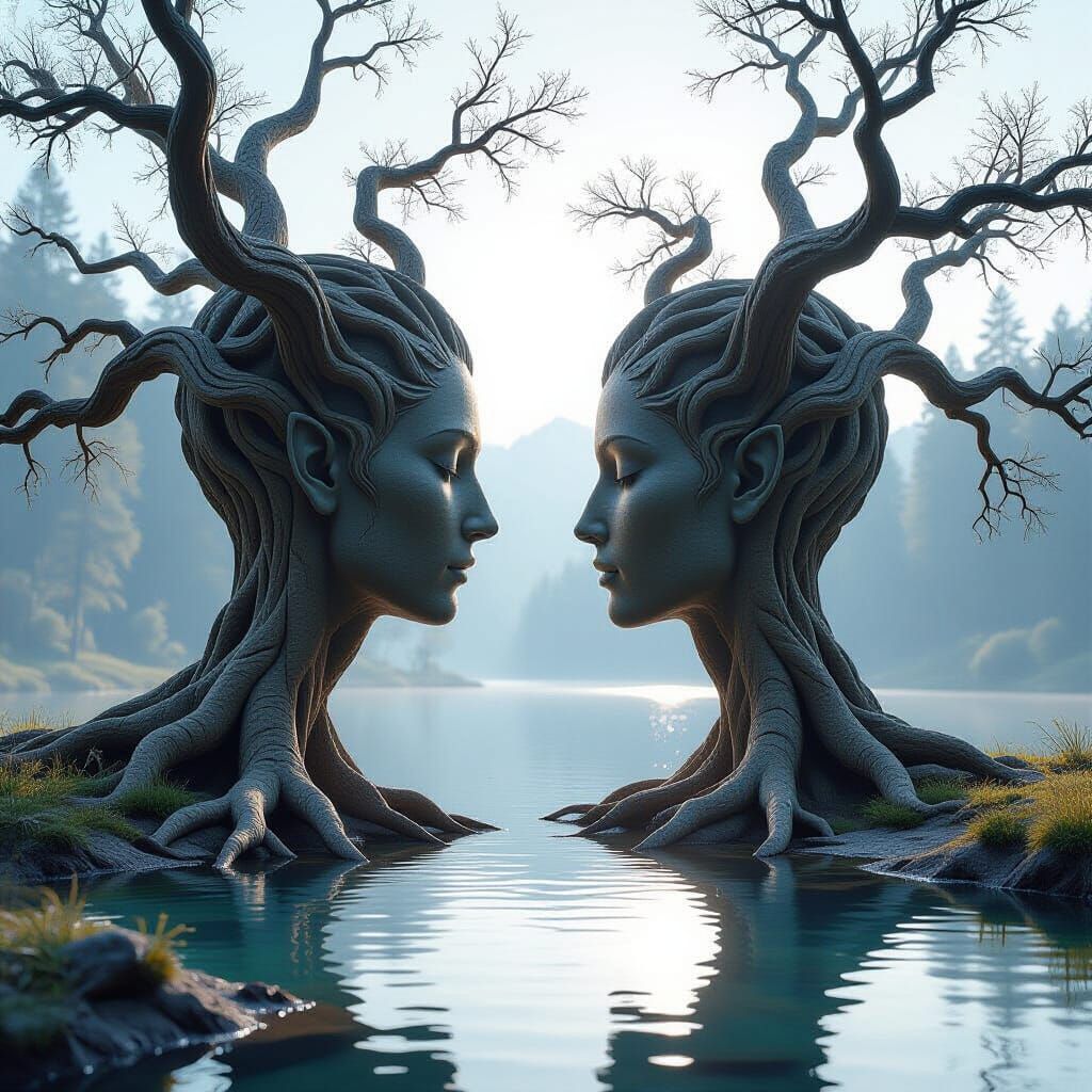 fantasy scene, a large ancient leafless tree. The shapes of its trunks and branches form two human profiles facing each other, seamlessly em...
