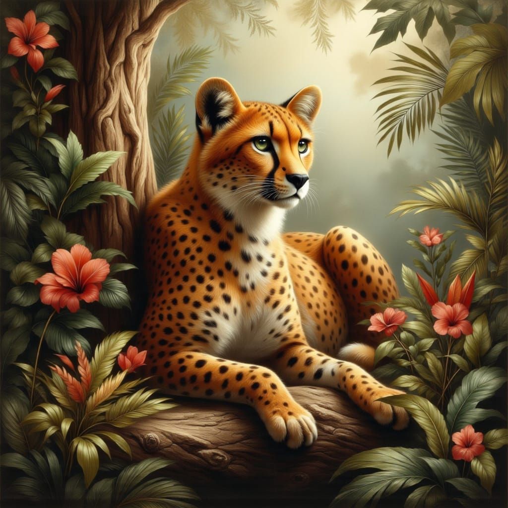 <lora:Abstract Romanticism:1.0> head and shoulders portrait of a beautiful stunning cheetah in a tropical jungle hyper realistic natural hyp...