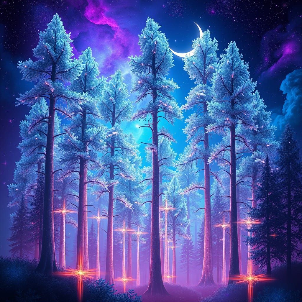 magical glowing trees forest with glowing leaves galaxy space background  by @Linyxxi