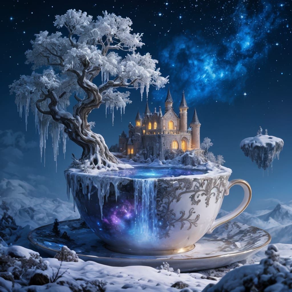 Enchanted Castle on Teacup with Cosmic Waterfall