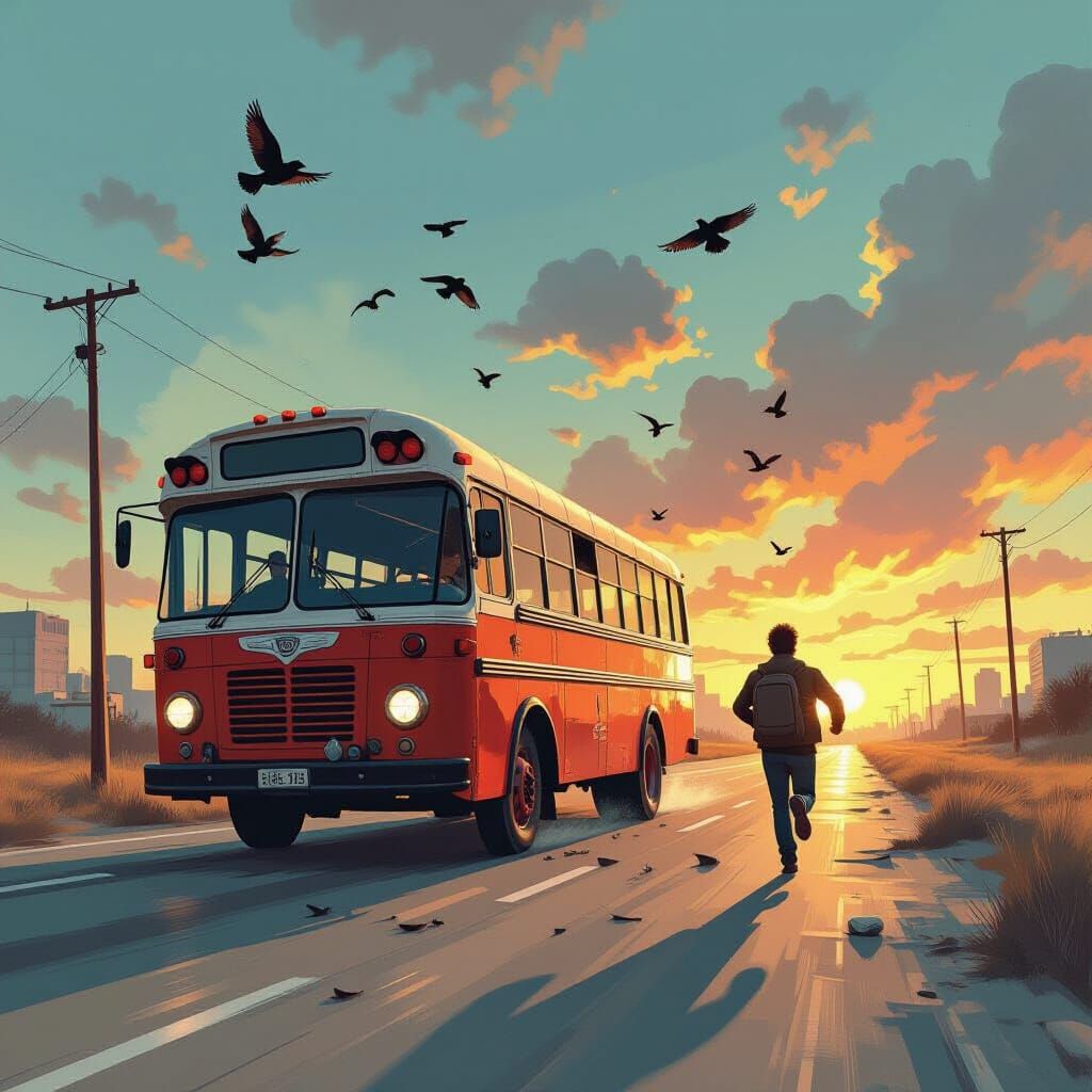 Surreal Chase: Person Pursues Broken Bus with Flying Birds