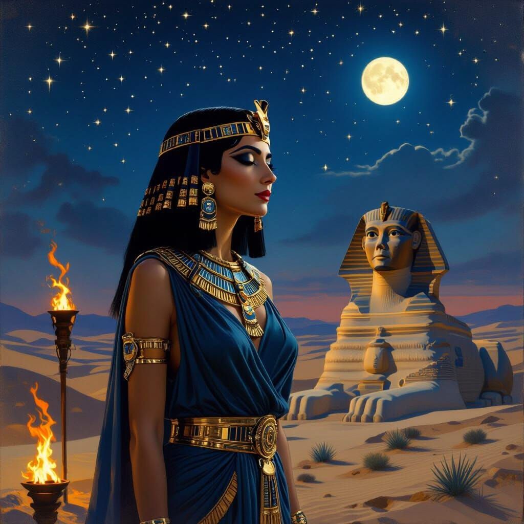 portrét kleopatry v pozadí velká 
sfinga
