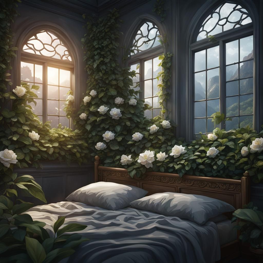 Gardenia on bed of laurel with window over bed