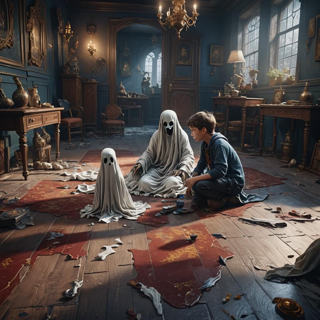 Ghost with a child playing on the floor