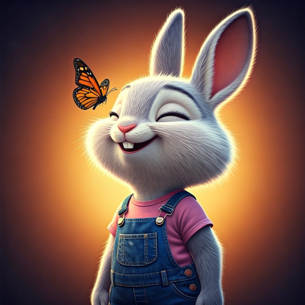 Laughing Bunny with Butterfly, Pixar Style 3D Render
