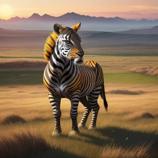 animals with patterned skins, striped grassland, sunset with...