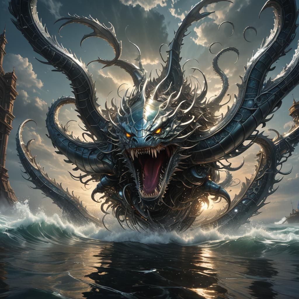 An enormous, serpentine leviathan of clockwork and silver sc...