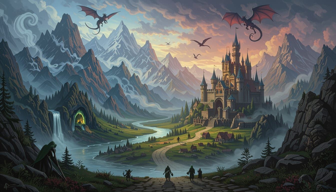 A background of mountains, rivers, caves, castle, hamlet mysterious colours with goblins and elves and humans, dungeons and dragons multi co...