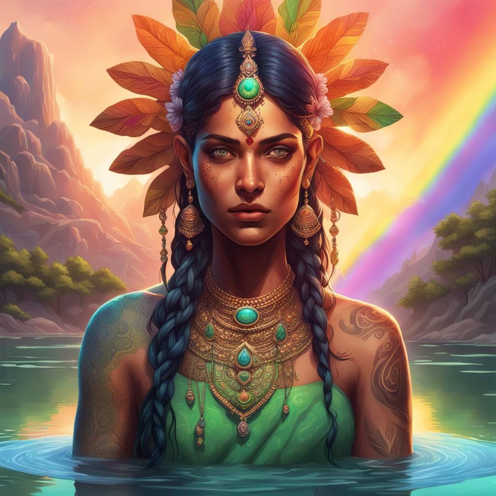 young female indian goddess with tatoos  bathing in a rainbo...