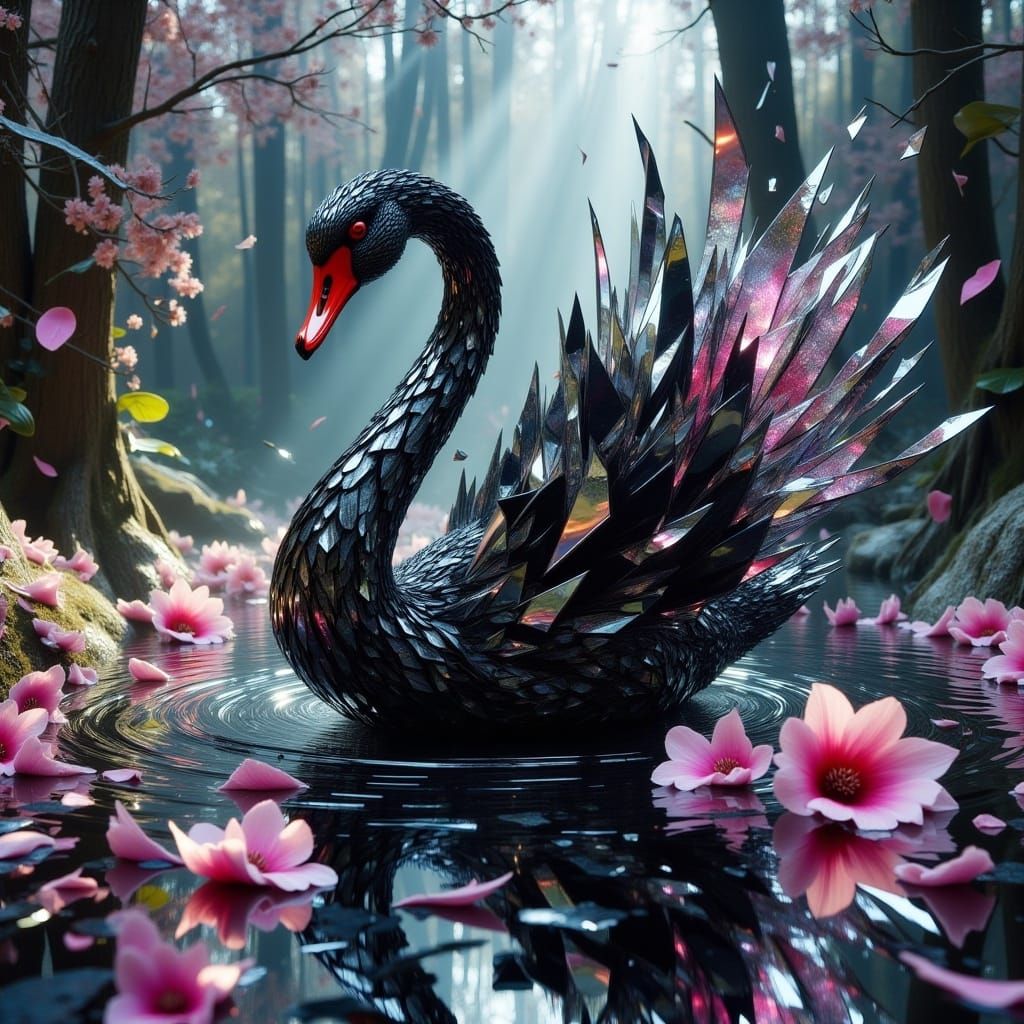 <lora:Shattered v2:1.0>A close-up of a beutiful shattered mirror black swan  in a opalescent reflective lake of flowers 