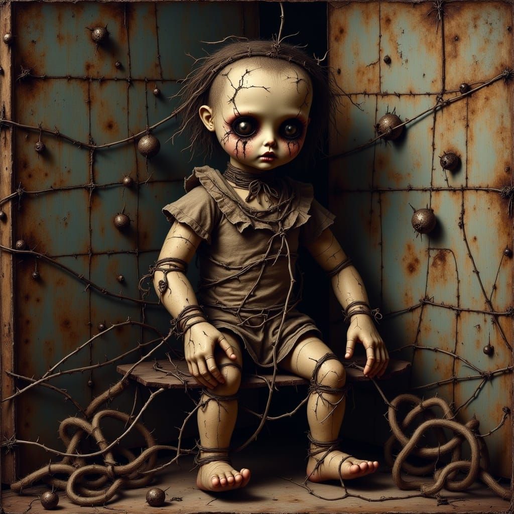 <lora:Fairy Darkness:1.0>  Creepy voodoo doll, button eyes, eerie, grunge background, Tim Burton, Fabio Napoleoni, Affandi Thomas Dodd 
