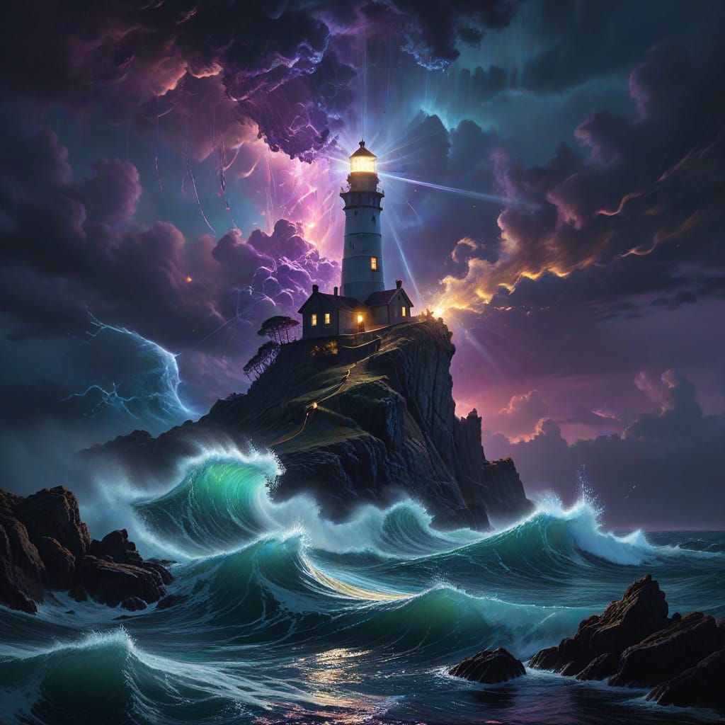 Cosmic Lighthouse Beacon in Surreal Oil Painting