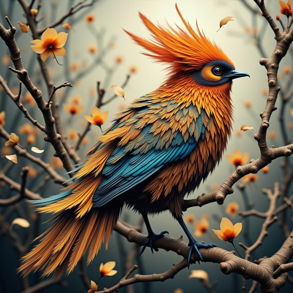 <lora:Fantasm:1.0>  Wow, Photogram, flame  bird photogram, Mann Ray, feathers, flowers , bare branches, falling leaves Wow, Photogram, fire ...