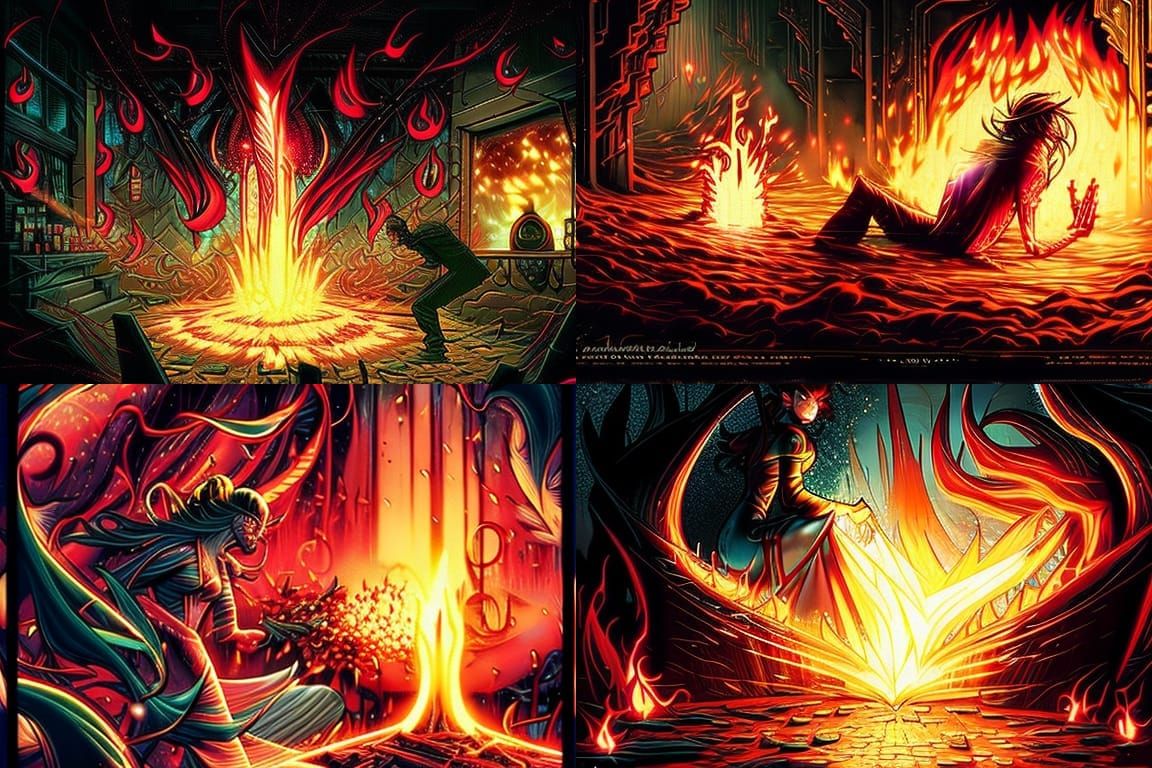 A warm fireplace with colourful fireflies dancing in the fla...