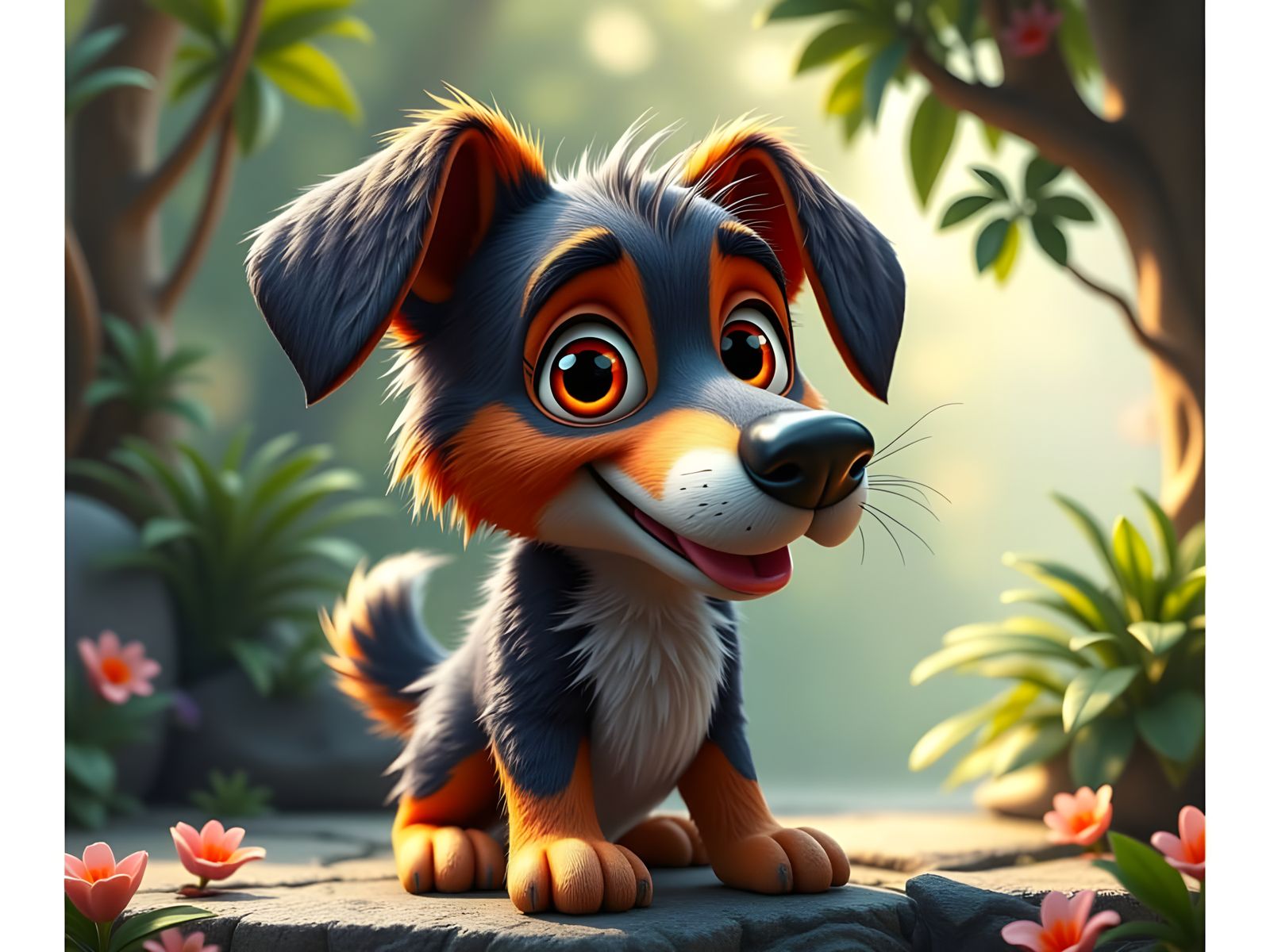 Vibrant Whimsical CGI cartoon Dog, with intricate textures and lighting, inspired by the stylized realism of Pixar, with a mix of Ian McQue,...