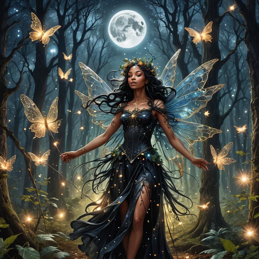 black fairy blows enchanted dust in the woods during the ful...