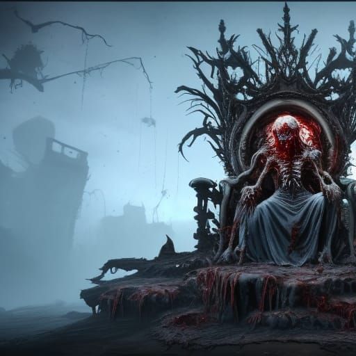 rotting zombie on skull throne