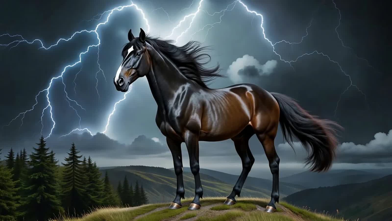 Black stallion on hill top with wind blowing throw his mane.  Lightening flashing across the sky.  Trees moving in the w...