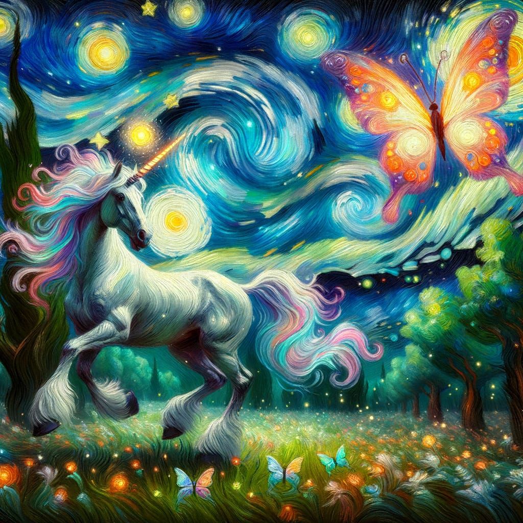 🦄🦋🧚‍♂️ in the style  of van gogh. Magical forest