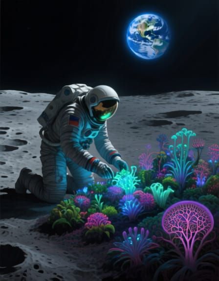 A lone astronaut tending to a bioluminescent garden on a desolate moon, with Earth a distant, shimmering jewel in the black sky. The garden ...