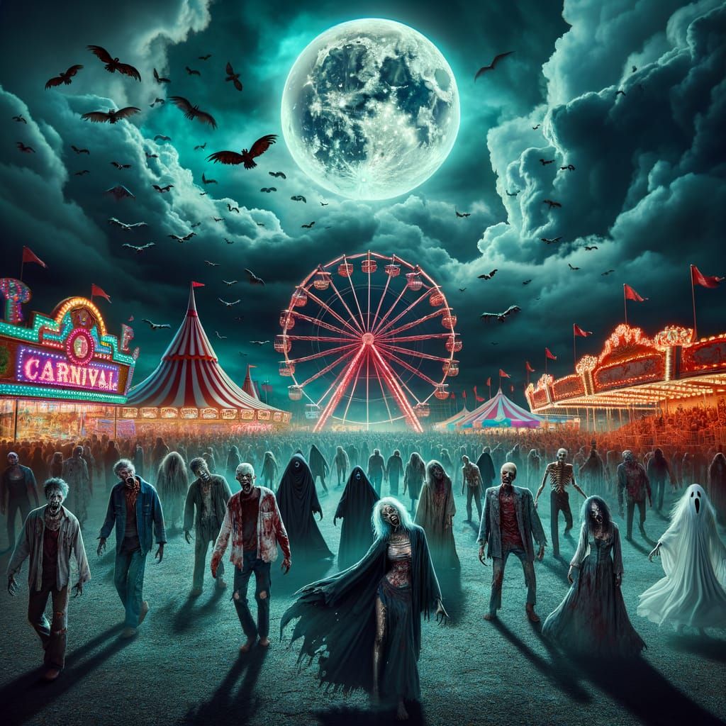 Zombies and ghosts walking and ferris wheel spinning