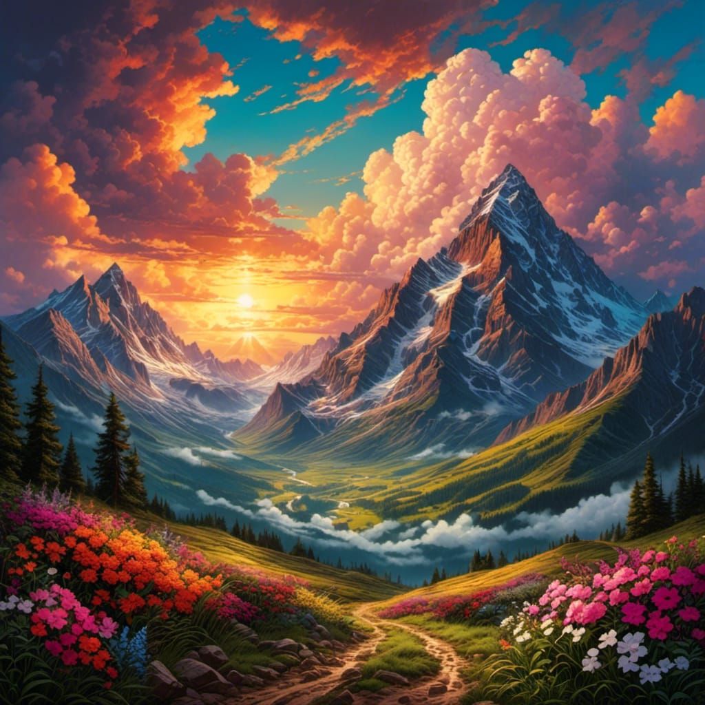 <lora:gnarly:1.0>beautiful flowers mountains clouds sunset epic intricate moody dramatic