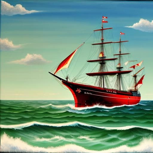 A red ship in ocean. Green hills. detailed painting - AI Generated ...