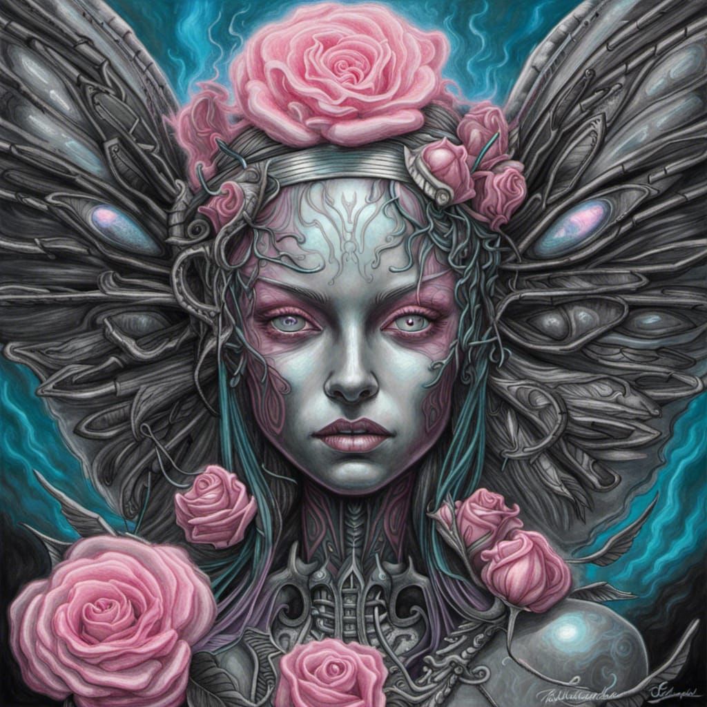 an alchemicaly created rose-fairy with irredescent wings, biopunk, HR ...