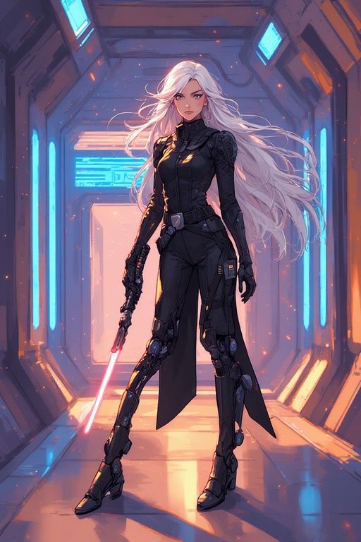 A STRIKING FEMALE SPACE BOUNTY HUNTER WITH LONG WHITE HAIR I...
