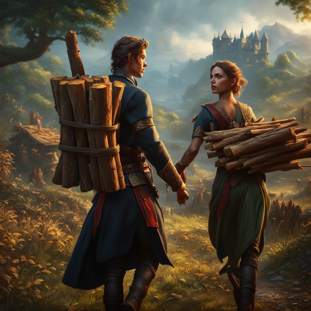a handsome prince struggles carrying some heavy pieces  of f...