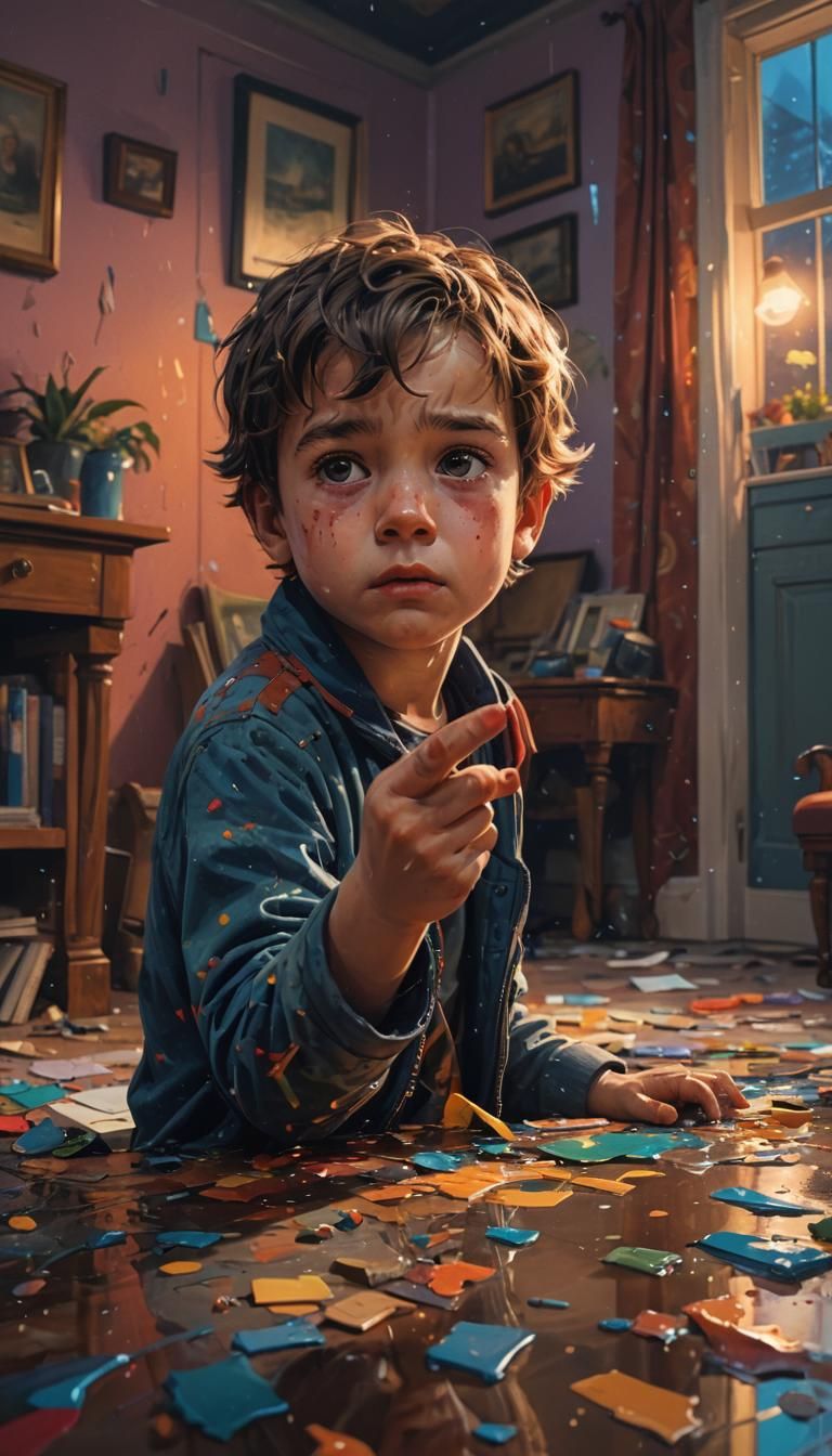 1 little boy, solo, realistic, indoor, house, night, looking...