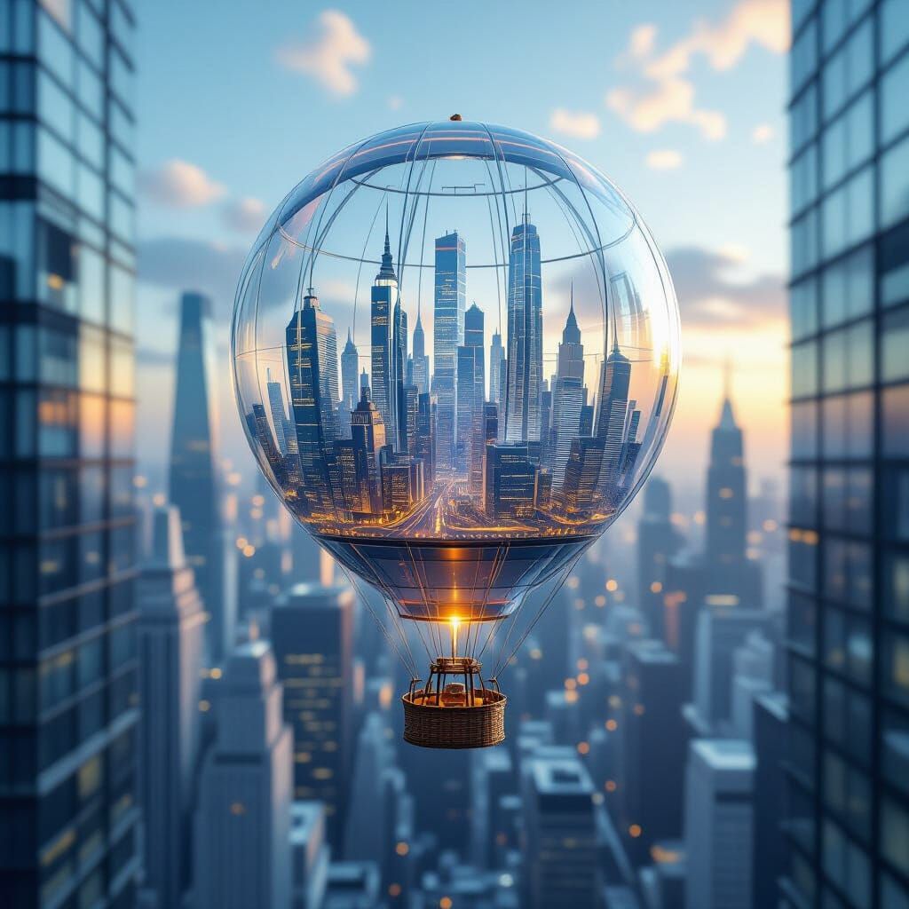Create for me a realistic image of a transparent hot air balloon with an entire city inside it and it ...  by @הדס פרץ